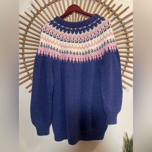 VTG Hand Knit Women’s Fair Isle Women's Sweater Cozy Cabincore Cottagecore Blue